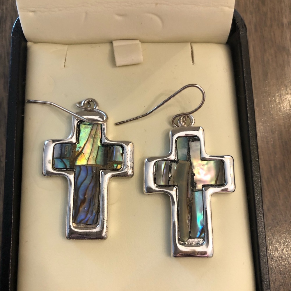 Sterling Silver and Abalone Shell Cross Earings